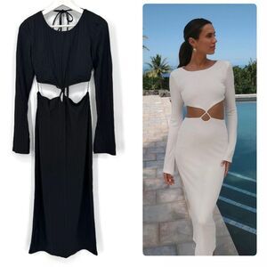 Rumer Oasis Black Ribbed‎ Cut Out Long Sleeve Dress Large NWT